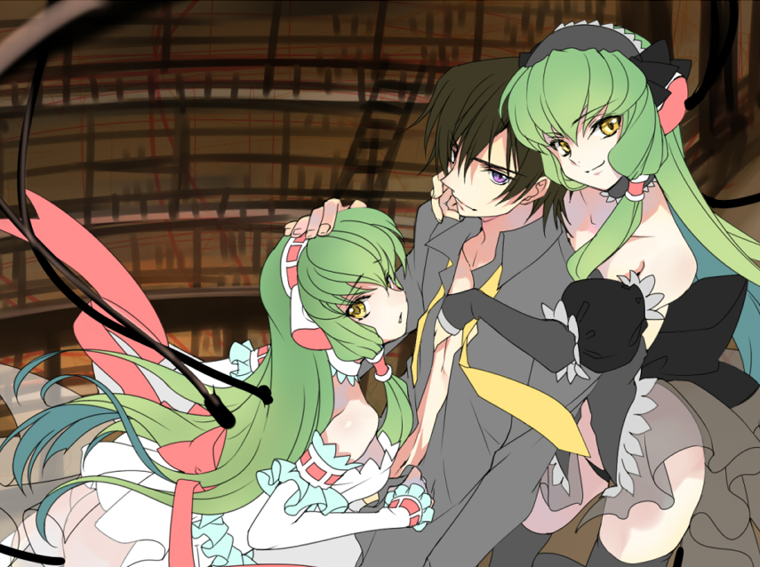 1boy 2girls c.c. chii chii_(cosplay) chobits choker code_geass cosplay creayus detached_sleeves dual_persona flat_color frills green_hair headdress lelouch_lamperouge multiple_girls puffy_sleeves robot_ears see-through smile thighhighs yellow_eyes