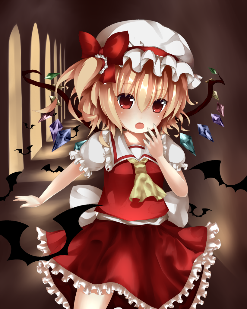 1girl :o ascot bat blonde_hair flandre_scarlet hallway hand_on_own_face hat hat_ribbon looking_at_viewer mob_cap open_mouth puffy_short_sleeves puffy_sleeves red_eyes ribbon rinne_(kouheiramia) short_hair short_sleeves side_ponytail skirt skirt_set solo touhou window wings