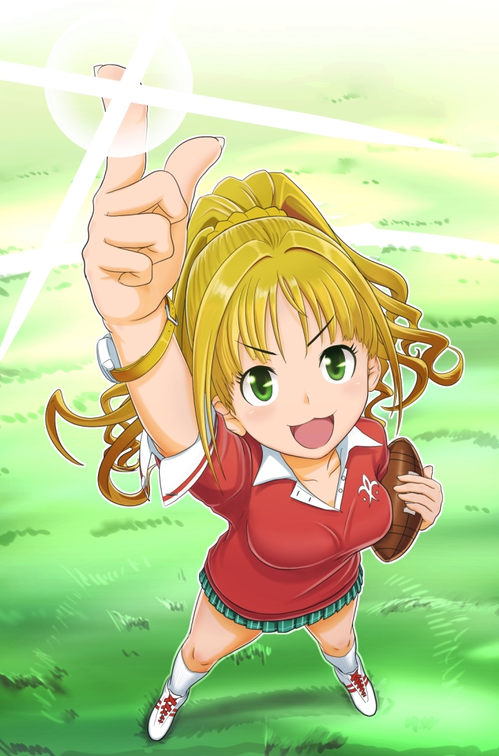 1girl :3 arm_up blonde_hair breasts brown_hair collared_shirt football_(object) from_above grass green_eyes high_ponytail hino_akane_(idolmaster) idolmaster idolmaster_cinderella_girls kneehighs lens_flare long_hair murakumo1987 open_mouth plaid plaid_skirt pleated_skirt school_uniform scrunchie shoes skirt sneakers socks solo watch watch white_legwear