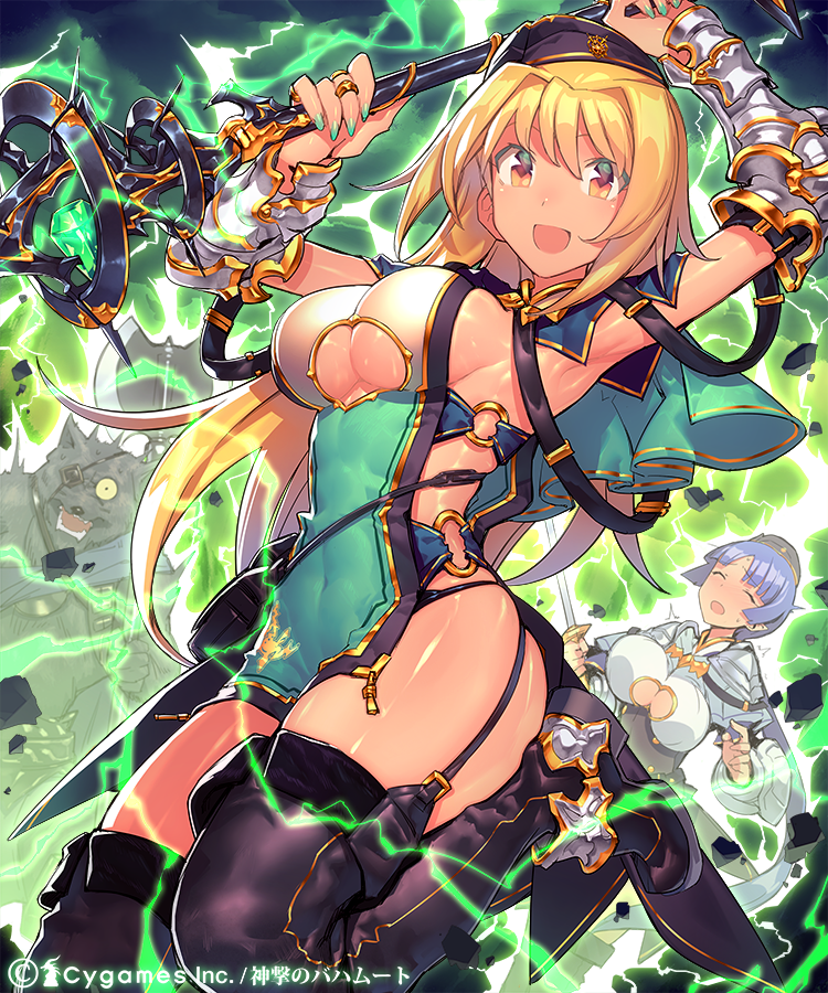 2girls black_panties blonde_hair boots breasts capelet character_request closed_eyes detached_sleeves electricity garter_straps green_nails hat jewelry large_breasts long_hair mckeee multiple_girls nail_polish panties purple_hair ring shingeki_no_bahamut short_hair sideboob solo_focus staff thigh_boots thighhighs underboob underwear werewolf yellow_eyes