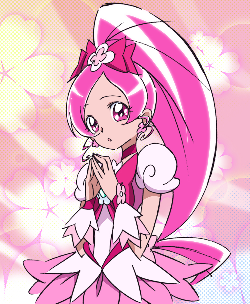 1girl choker cure_blossom dress earrings eyelashes gorou_(pixiv3249935) hanasaki_tsubomi heartcatch_precure! jewelry long_hair looking_at_viewer magical_girl pink pink_background pink_dress pink_eyes pink_hair ponytail precure puffy_sleeves solo very_long_hair wrist_cuffs