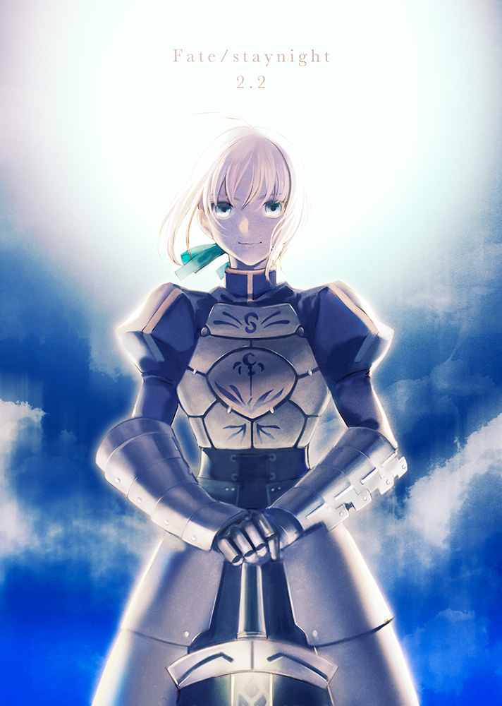 1girl ahoge armor armored_dress blonde_hair dress excalibur fate/stay_night fate_(series) gauntlets green_eyes hair_ribbon juliet_sleeves long_sleeves puffy_sleeves ribbon saber solo tam_(cuq)