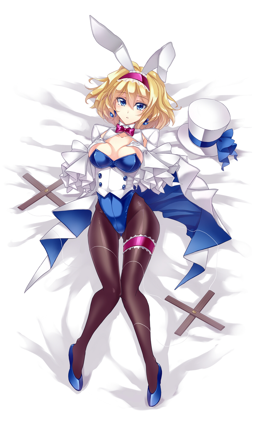 1girl alice_margatroid alternate_costume animal_ears black_legwear blonde_hair blue_eyes bowtie breasts bunnysuit cleavage detached_collar earrings gloves hat highres jewelry large_breasts leg_garter looking_at_viewer lying on_back pantyhose rabbit_ears short_hair solo string top_hat touhou touya_(the-moon) white_gloves