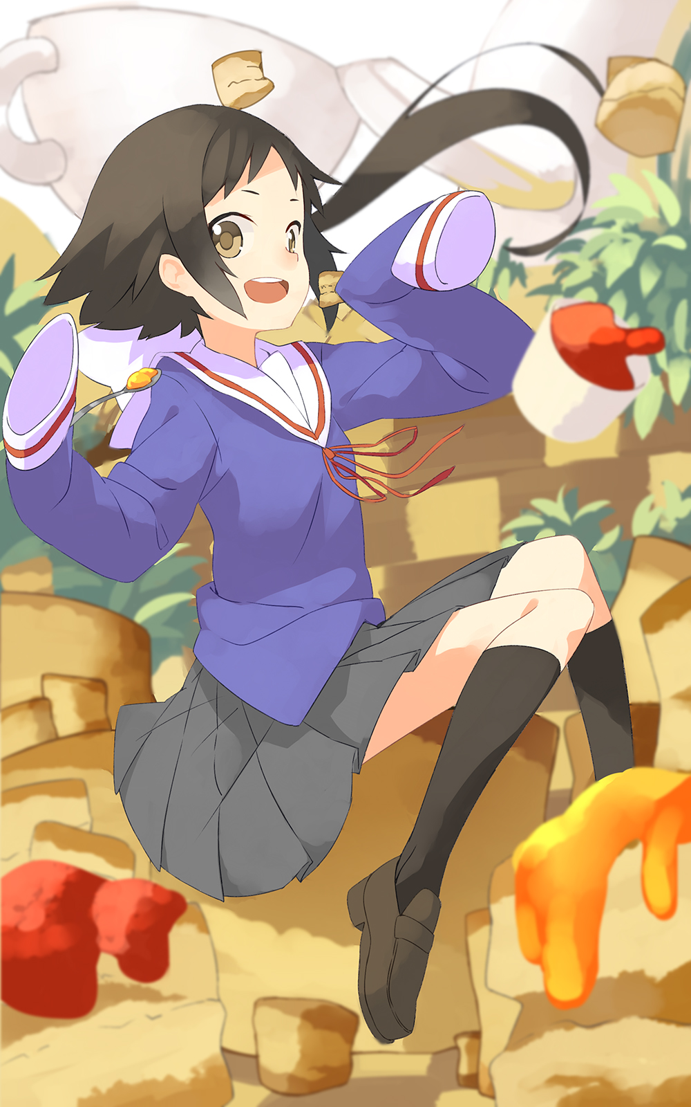 1girl black_hair brown_eyes cup food highres jam long_hair looking_at_viewer mikakunin_de_shinkoukei mitsumine_mashiro ponytail school_uniform scone seu_(hutotomomo) sleeves_past_wrists smile solo