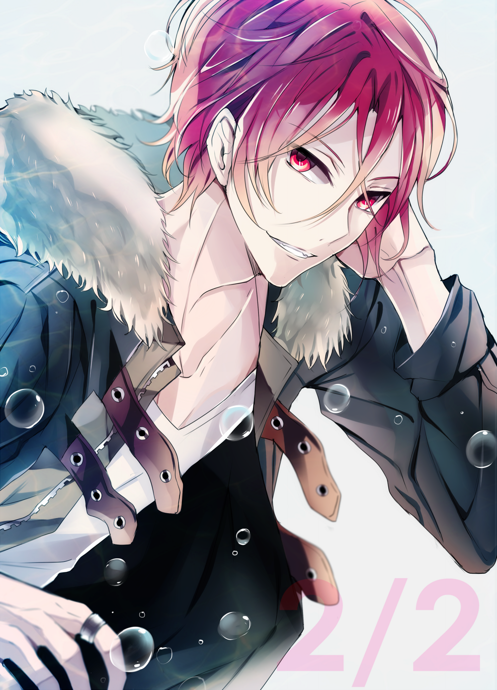 1boy free! fur_collar highres jewelry matsuoka_rin red_eyes red_hair redhead ring smile solo suki_(crossberry)