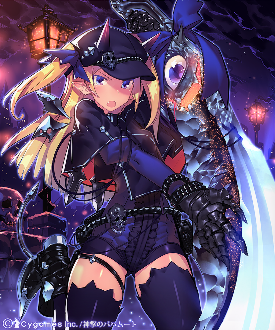 ankle_boots black_legwear blonde_hair blue_eyes blush boots capelet character_request demon_girl demon_tail fang gauntlets hair_ribbon hat horns huge_weapon long_hair long_sleeves mckeee pointy_ears puffy_long_sleeves puffy_sleeves ribbon shingeki_no_bahamut skull small_breasts sword tail thighhighs two_side_up unitard weapon