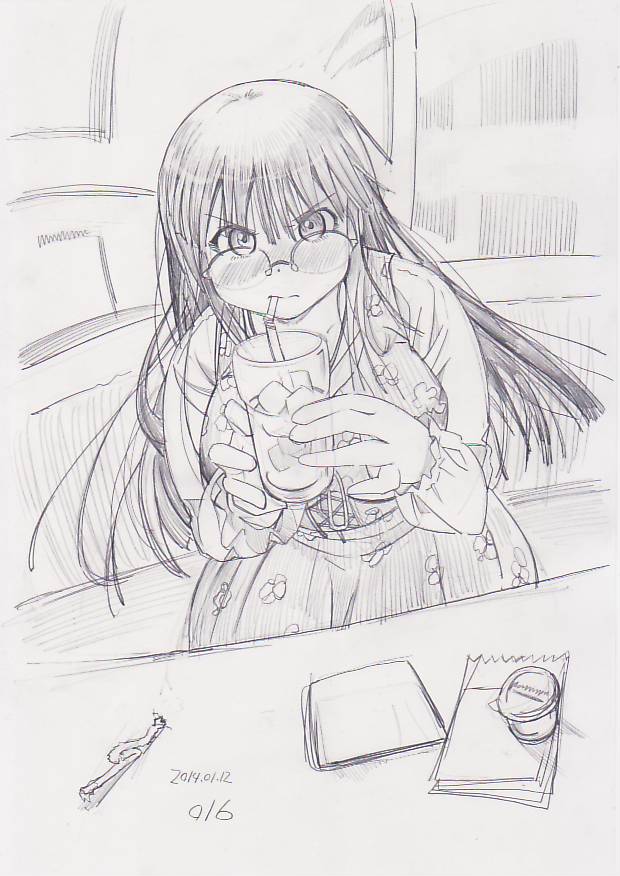 1girl angry breasts dated dress drinking glass glasses huge_breasts ice kobayakawa_horan long_hair nekokami original plump solo straw