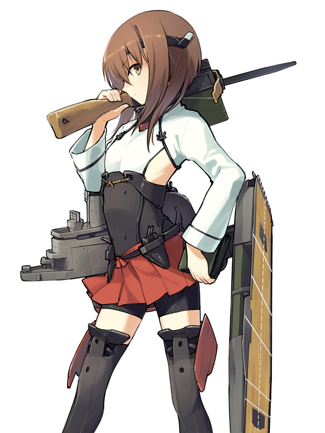 1girl bike_shorts bow_(weapon) brown_eyes brown_hair crossbow flat_chest headband headgear kantai_collection nakatani personification pleated_skirt short_hair skirt solo taihou_(kantai_collection) thighhighs weapon white_background