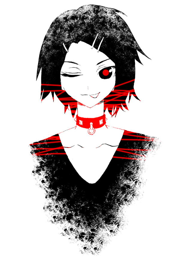 1girl alternate_hair_color black_eyes bust choker collarbone eyelashes fading hair_ornament hairclip kagamine_rin lines monochrome poaro red_pupils shirt solo spot_color studded_collar texture tongue tongue_out v-neck vocaloid wink