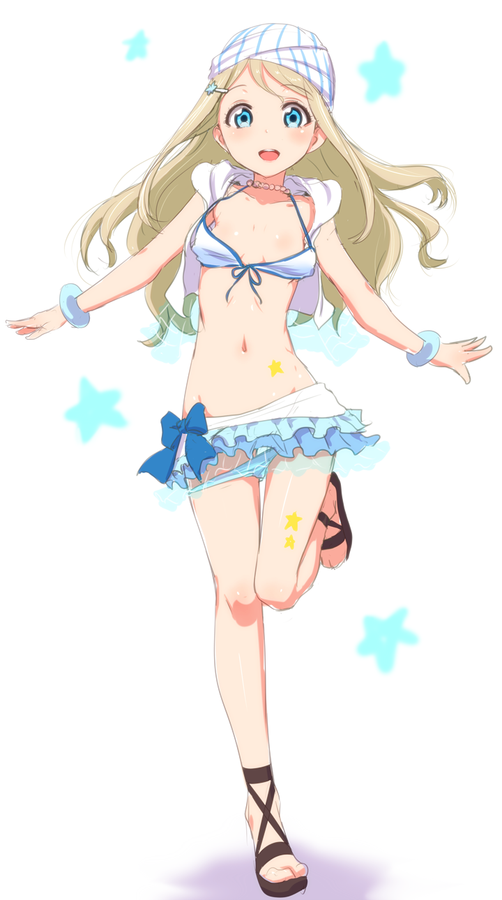 1girl ayase_arisa blonde_hair blue_eyes blush bracelet clearite cross-laced_footwear headdress highres jewelry leg_up long_hair looking_at_viewer love_live!_school_idol_project midriff navel open_clothes open_mouth open_shirt oversized_clothes panties sandals skirt smile solo star underwear