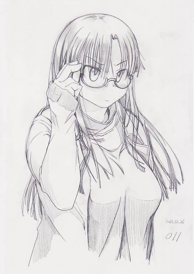 1girl blush breasts brown_hair dated glasses huge_breasts kobayakawa_horan long_hair monochrome nekokami original plump sketch solo sweater