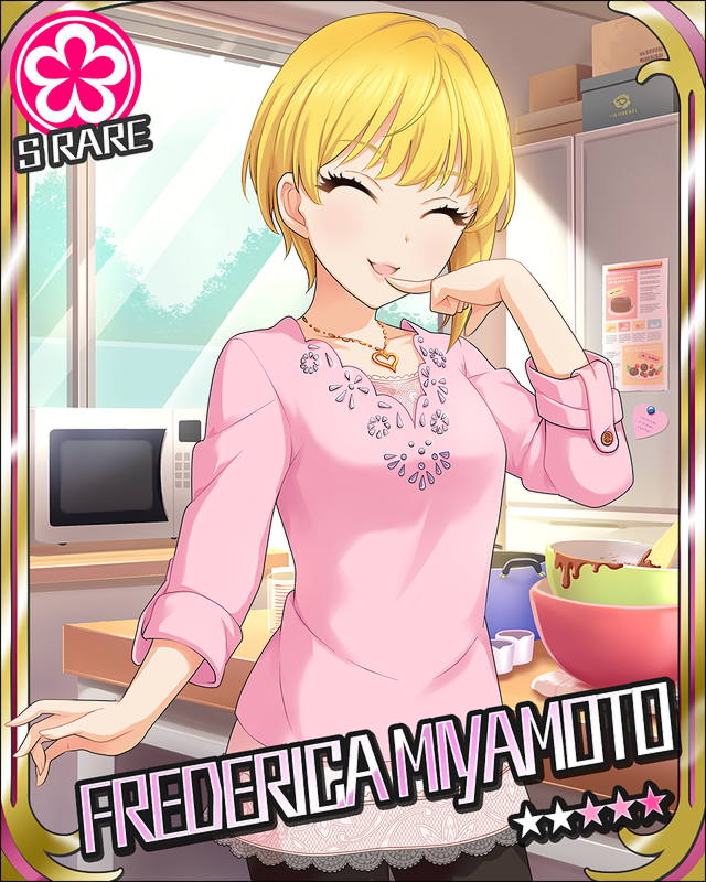 1girl blonde_hair closed_eyes cooking dress idolmaster idolmaster_cinderella_girls miyamoto_frederica necklace open_mouth short_hair smile