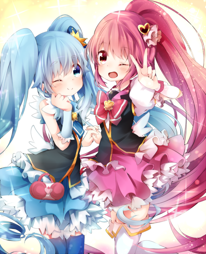 2girls ;d aino_megumi blue_dress blue_eyes blue_hair blue_legwear bowtie brooch crown cure_lovely cure_princess dress frills hair_ornament happinesscharge_precure! heart_hair_ornament jewelry kofa_(ikyurima) long_hair magical_girl mini_crown multiple_girls necktie open_mouth pink_dress pink_eyes pink_hair ponytail precure shirayuki_hime skirt smile thighhighs twintails v white_background white_legwear wink wrist_cuffs