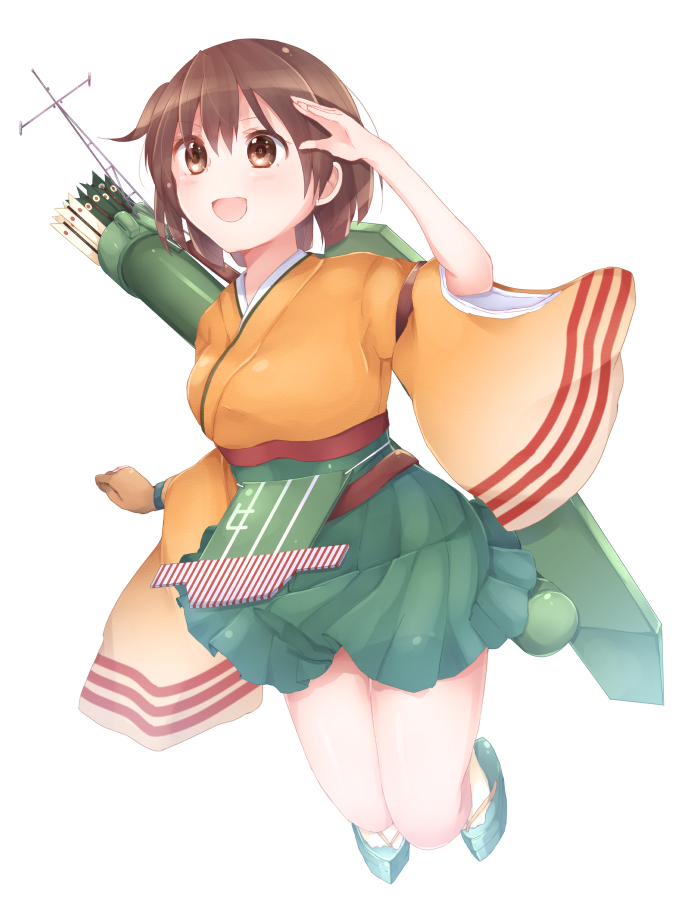 1girl arrow blush breasts brown_eyes brown_hair cherry_rosso clog_sandals flight_deck full_body hiryuu_(kantai_collection) japanese_clothes kantai_collection open_mouth personification quiver ribbon short_hair side_ponytail single_glove skirt smile tabi wide_sleeves yugake
