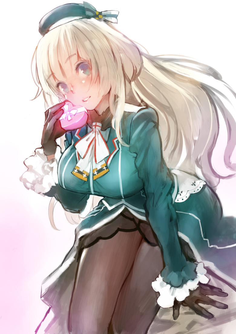 1girl atago_(kantai_collection) black_gloves blonde_hair blush breasts gloves green_eyes hat heart kantai_collection large_breasts long_hair looking_at_viewer matsuda_(matsukichi) military military_uniform open_mouth pantyhose personification smile solo uniform