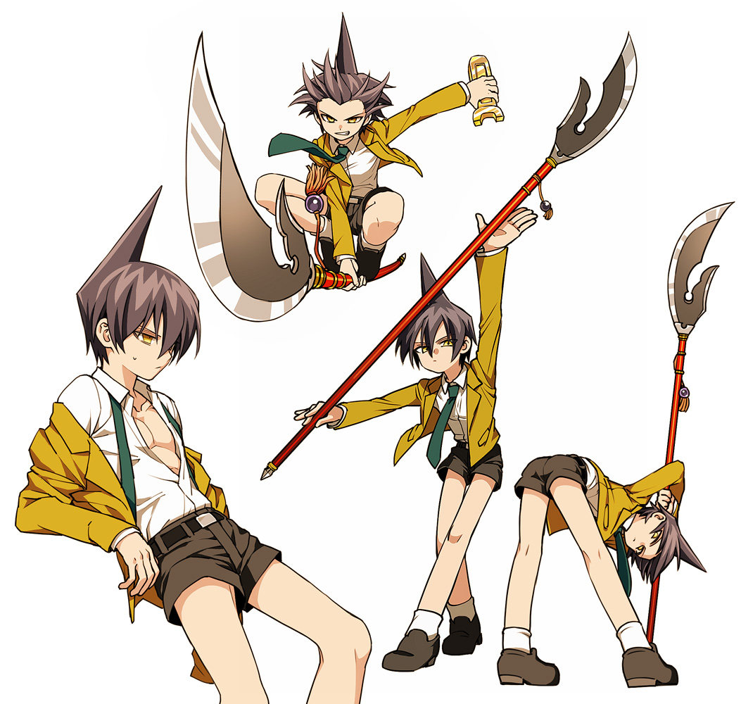 belt black_hair character_sheet necktie polearm pose shaman_king shorts tao_ren weapon yellow_eyes zakki