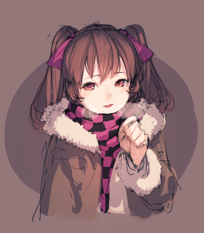 1girl alternate_costume bow breath brown_hair checkered checkered_scarf coat colored hair_bow hair_ornament himekaidou_hatate junwool long_sleeves looking_at_viewer no_hat no_headwear open_mouth portrait red_eyes scarf simple_background sketch smile solo touhou twintails winter_clothes