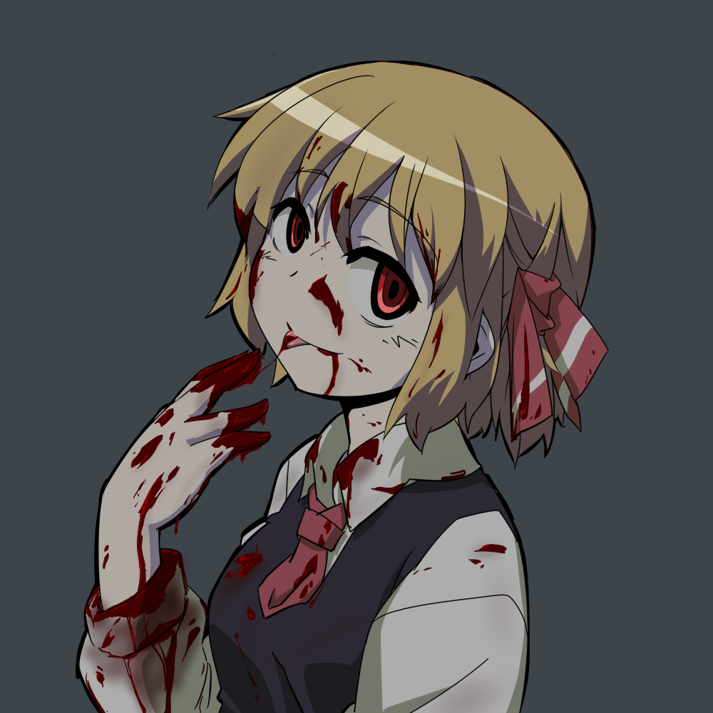 1girl blonde_hair blood blood_from_mouth blood_on_face blood_on_fingers blood_stain bloody_clothes hair_ribbon hihachi licking ribbon rumia short_hair smile tongue tongue_out touhou