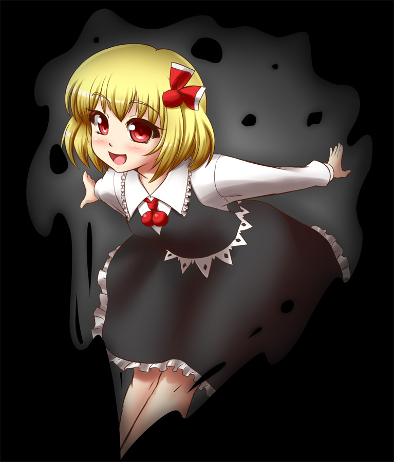 1girl black_background blonde_hair blush darkness hair_ribbon long_sleeves mazume open_mouth outstretched_arms red_eyes ribbon rumia short_hair skirt smile solo touhou