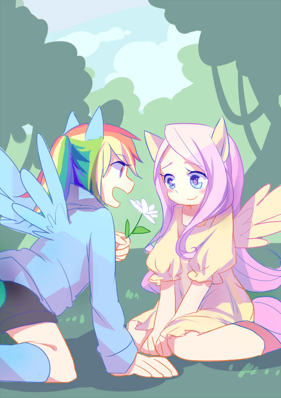2girls animal_ears bangs blue_eyes blush curly_hair dress flower fluttershy grass holding hooves horse_ears humbertw jumper kneeling long_hair looking_at_another multicolored_hair multiple_girls my_little_pony my_little_pony_friendship_is_magic open_mouth parted_bangs pink_hair ponytail rainbow_dash rainbow_hair red_eyes sitting sky smile tail thighhighs tree wariza wings yuri