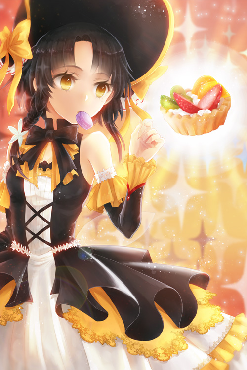 1girl bare_shoulders black_hair bow braid dessert detached_sleeves dress ewan flat_chest food frills fruit lace macaron pastry ribbon short_hair sita_vilosa solo strawberry sword_girls yellow_eyes