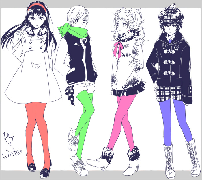 4girls amagi_yukiko blue_legwear boots cabbie_hat green_legwear hairband hat high_heels hime_cut kujikawa_rise multiple_girls orangemango pantyhose persona persona_4 pink_legwear red_legwear satonaka_chie scarf shirogane_naoto shoes short_hair sneakers winter_coat