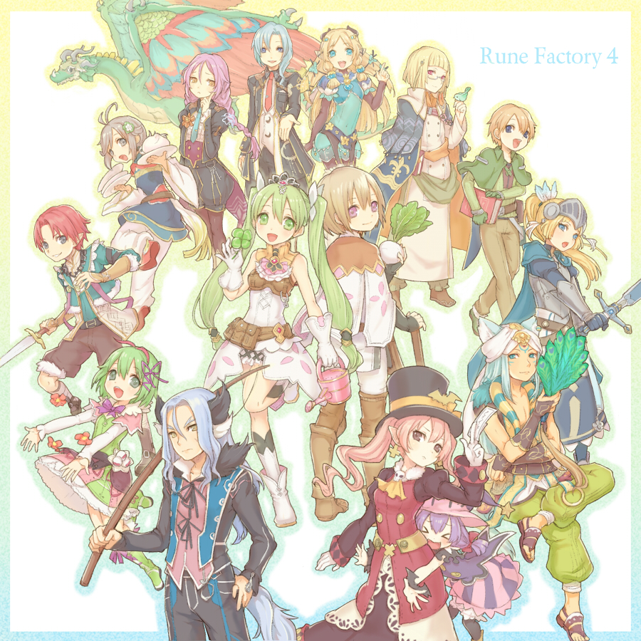 0kome0 :d animal_ears arthur_(rune_factory) bishnal_(rune_factory) blonde_hair blue_eyes blue_hair clorica_(rune_factory) cravat diras dolce_(rune_factory) doug_(rune_factory) everyone fishing_rod forte_(rune_factory) frey_(rune_factory) glasses gloves green_eyes green_hair hat kiel_(rune_factory) kohaku_(rune_factory) leon_(rune_factory) lest_(rune_factory) long_hair margaret_(rune_factory) necktie open_mouth pico_(rune_factory) pink_hair pointy_ears purple_hair redhead rune_factory rune_factory_4 short_hair smile tail top_hat twintails violet_eyes xiao_pai