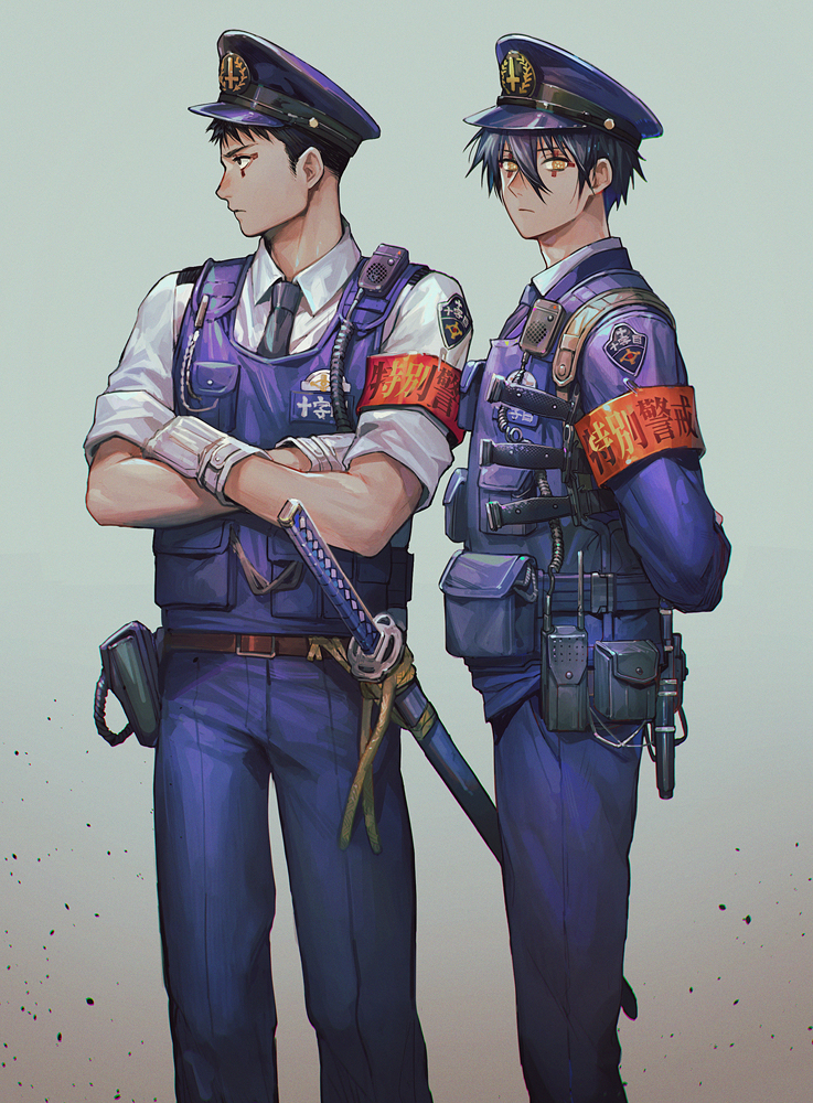 2boys aiguillette alternate_costume armband arms_behind_back bangs belt belt_pouch black_hair black_necktie blue_jacket blue_pants blue_vest cable clothes_writing collared_shirt crossed_arms dagger dokuga dorohedoro facial_mark feet_out_of_frame frown gloves gradient gradient_background grey_background hair_between_eyes hat holster holstered_weapon jacket katana knife long_sleeves looking_at_viewer looking_away male_focus multiple_boys necktie panco pants peaked_cap plate_carrier pocket police police_hat police_uniform pouch profile sheath sheathed shirt short_hair shoulder_holster sleeves_folded_up standing sword symbol-shaped_pupils tetsujo uniform vest weapon white_gloves yellow_eyes