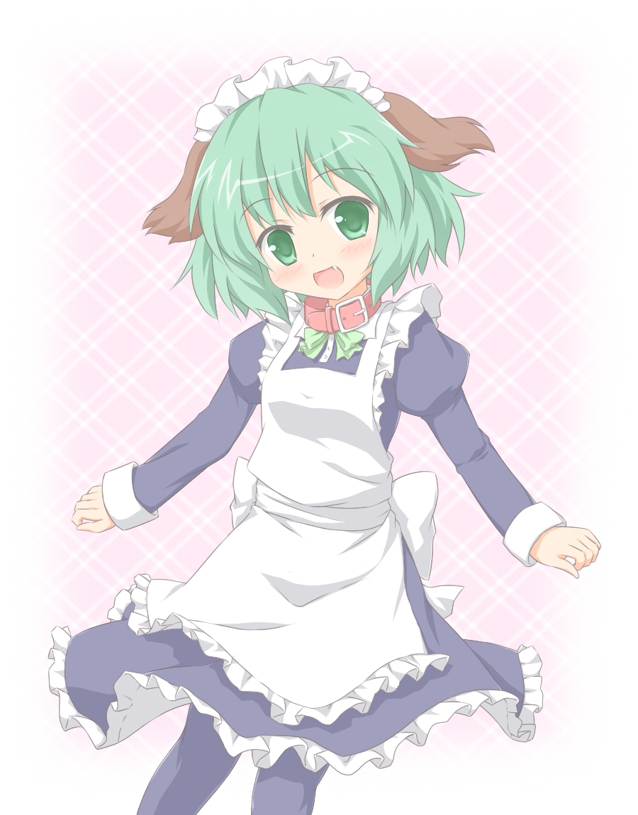 1girl alternate_costume animal_ears apron blush bow collar enmaided fang green_eyes green_hair head_tilt juliet_sleeves kasodani_kyouko long_sleeves looking_at_viewer maid maid_headdress open_mouth pantyhose plaid plaid_background puffy_sleeves shino_megumi short_hair solo touhou