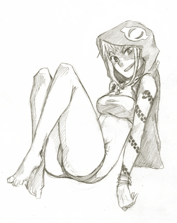 1girl barefoot bracelet breasts crossed_ankles grin hoodie jewelry legs_together medusa_gorgon sketch sleeveless_hoodie smile solo soul_eater tattoo tubetop whistle_frog