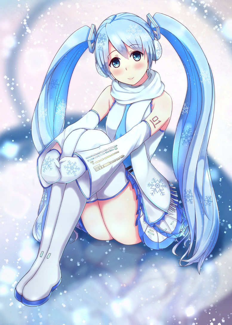 1girl blue_eyes blue_hair boots detached_sleeves earmuffs hatsune_miku leg_hug long_hair looking_at_viewer mittens necktie scarf sitting skirt smile snowflakes snowing solo thigh_boots thighhighs twintails very_long_hair vocaloid yuki_miku