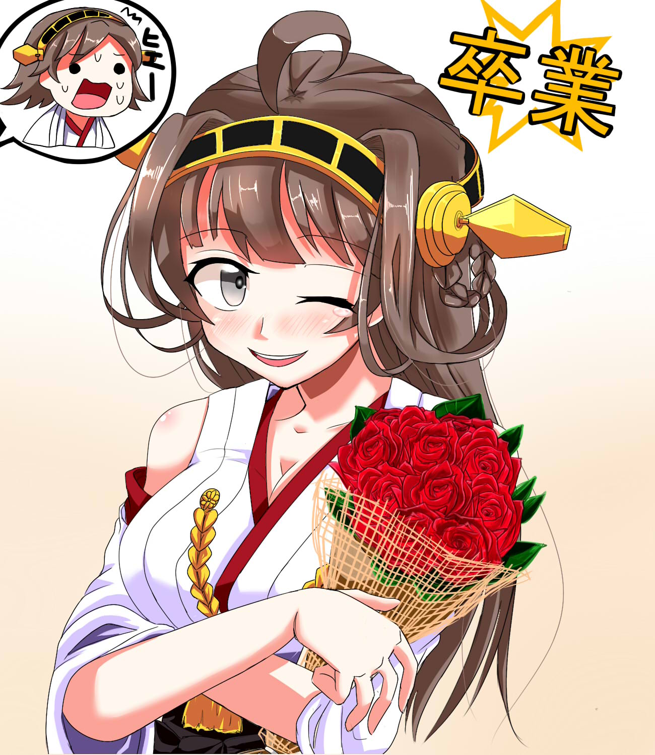 1girl bare_shoulders blush breasts brown_hair bucket detached_sleeves double_bun flower hair_ornament hairband headgear hiei_(kantai_collection) highres japanese_clothes kantai_collection kongou_(kantai_collection) long_hair nontraditional_miko open_mouth personification rakku_(10219563) red_rose rose skirt smile tears wink