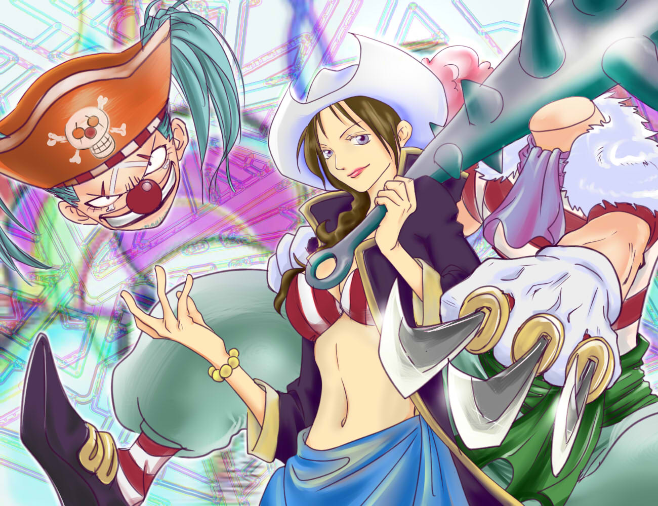 1boy 1girl alvida_(one_piece) bicorne bikini bikini_top blue_hair bracelet brown_hair buggy_the_clown clown_nose club cowboy_hat cravat duo facial_hair facial_mark gloves grin hat hat_feather jacket jewelry jolly_roger knife knives_between_fingers lipstick long_hair makeup midriff navel one_piece smile sorayutaka spiked_club striped striped_bikini striped_legwear striped_swimsuit stubble swimsuit violet_eyes weapon white_gloves