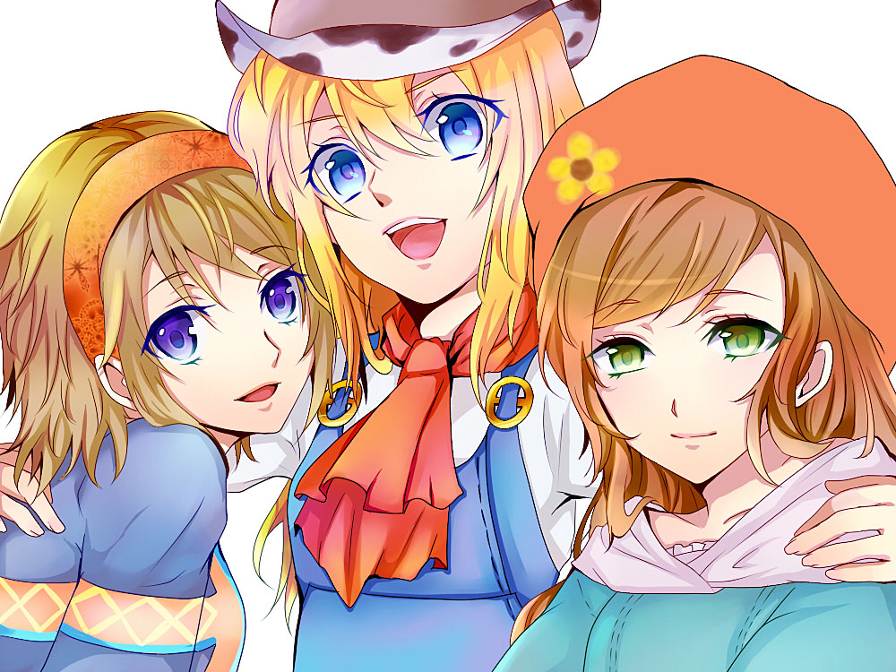 3girls :d blonde_hair blue_eyes brown_hair character_request cowboy_hat green_eyes hairband harvest_moon harvest_moon:_a_new_beginning harvest_moon:_connect_to_a_new_land harvest_moon:_the_tale_of_two_towns hat kawashi lillian_(harvest_moon) long_hair multiple_girls open_mouth overalls rio_(harvest_moon) scarf short_hair smile