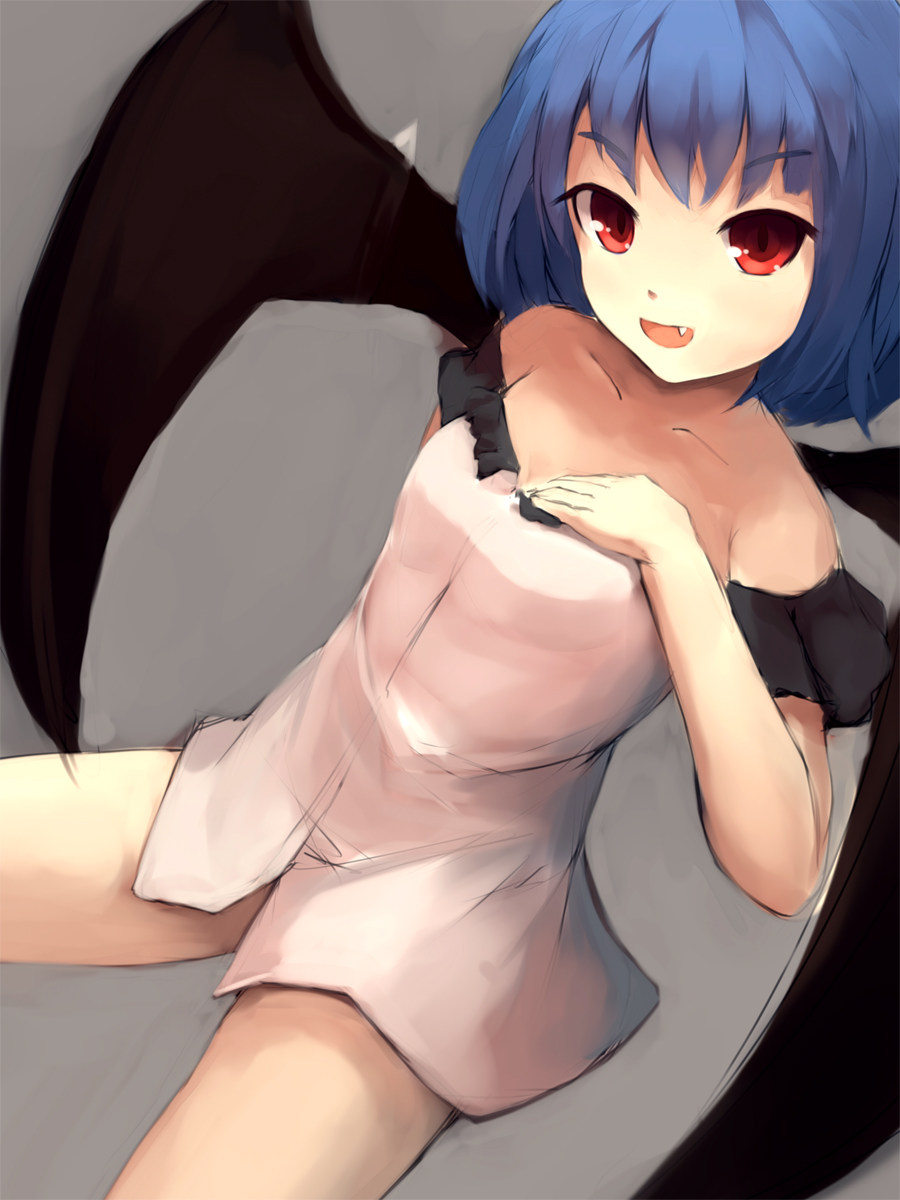 1girl alternate_costume arm_garter bare_shoulders bat_wings blue_hair camisole collarbone fang grey_background hand_on_own_chest highres looking_at_viewer open_mouth reclining red_eyes remilia_scarlet rough shone short_hair simple_background solo touhou wings