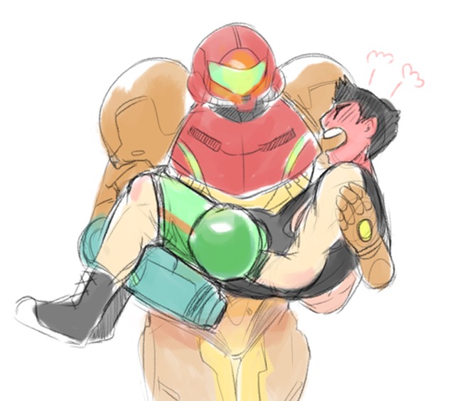 1boy 1girl angry arm_cannon artist_request blush boxing_gloves carrying female full-face_blush gloves little_mac male metroid nintendo power_suit princess_carry punch-out!! role_reversal samus_aran super_smash_bros. varia_suit weapon