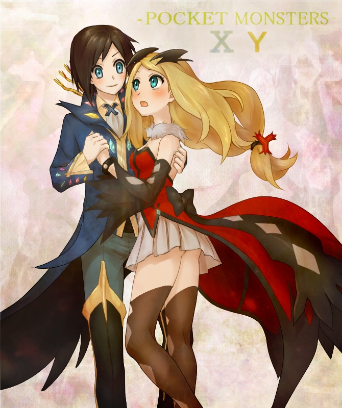 1boy 1girl blonde_hair blue_eyes blush brown_hair calme_(pokemon) copyright_name cosplay couple detached_sleeves eye_contact hair_ornament holding_hands long_coat long_hair looking_at_another low-tied_long_hair pleated_skirt pokemon pokemon_(game) pokemon_xy serena_(pokemon) shiroiponzu skirt smile ss thighhighs xerneas xerneas_(cosplay) yveltal yveltal_(cosplay) zettai_ryouiki