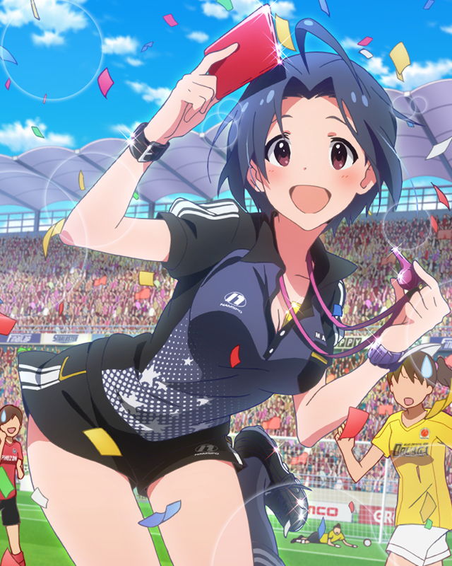 3girls :d ahoge blue_hair breasts cleavage confetti idolmaster idolmaster_million_live! lens_flare miura_azusa multiple_girls official_art open_mouth red_card red_eyes referee short_hair shorts smile soccer soccer_field soccer_jersey soccer_uniform whistle