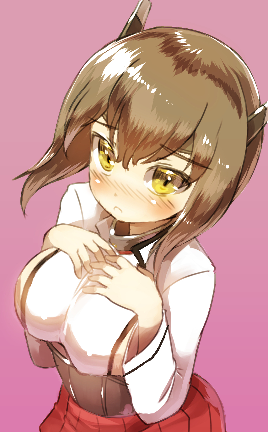 1girl blush breast_suppress breasts brown_hair danbo_(rock_clime) headband headgear highres kantai_collection large_breasts looking_at_viewer open_mouth personification short_hair skirt solo taihou_(kantai_collection) yellow_eyes