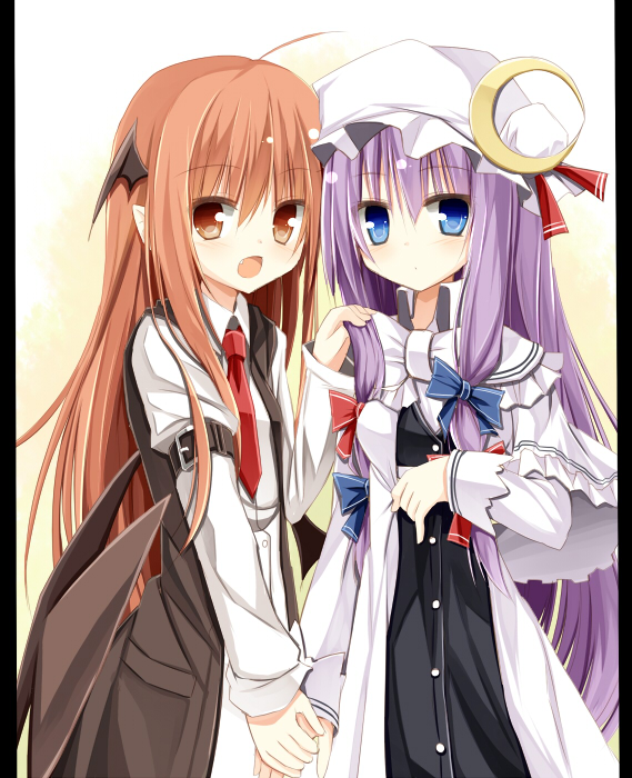 2girls arm_belt bat_wings black_dress blue_eyes capelet crescent_hair_ornament dress fang hair_ornament hair_ribbon hand_on_shoulder hat head_wings holding_hands koakuma long_hair looking_at_viewer multiple_girls necktie open_clothes open_mouth patchouli_knowledge pillarboxed pointy_ears purple_hair red_eyes redhead ribbon smile touhou tress_ribbon very_long_hair wings yuuhagi_(amaretto-no-natsu)