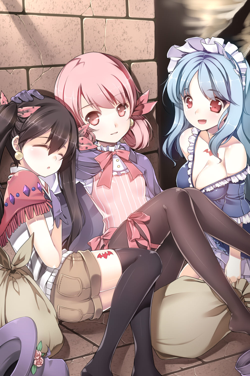 3girls :d against_wall black_hair black_legwear blue_hair bow breasts cape cleavage closed_eyes crescent_conundrum crescent_maze crescent_nazo dress earrings fang flower frills gloves hair_ribbon hair_rings hand_on_head hat highres jewelry kuro_(kuronell) long_hair maid_headdress multiple_girls open_mouth pantyhose parted_lips pink_eyes pink_hair red_eyes ribbon sack short_hair shorts sitting sleeping smile strap_slip sword_girls thighhighs top_hat twintails