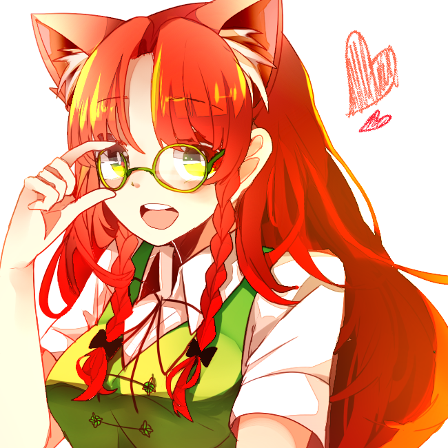 1girl adjusting_glasses animal_ears bespectacled braid breasts bust cat_ears extra_ears glasses heart hong_meiling kemonomimi_mode long_hair looking_at_viewer no_hat redhead rya_(aptkz_11) short_sleeves simple_background solo touhou twin_braids vest white_background yellow_eyes