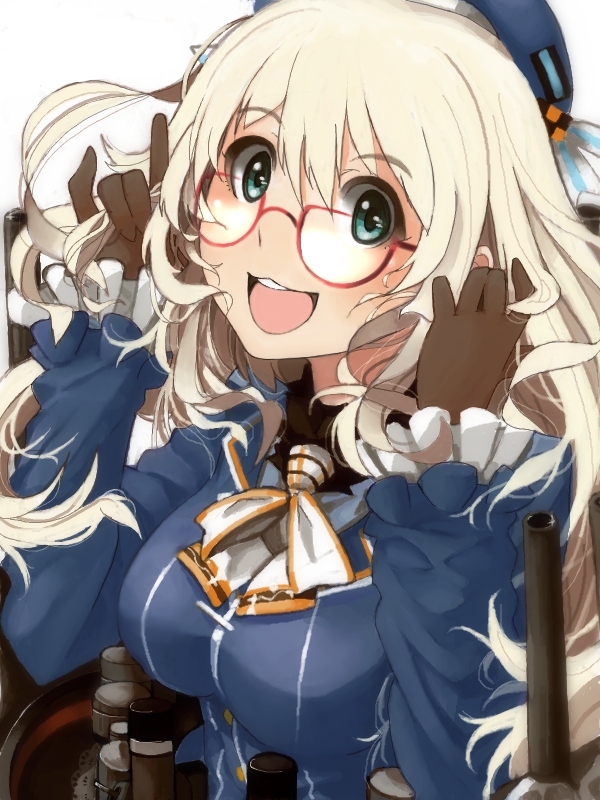 1girl atago_(kantai_collection) bespectacled black_gloves blonde_hair blush breasts glasses gloves green_eyes hat kantai_collection large_breasts long_hair looking_at_viewer military military_uniform mistrail open_mouth personification smile solo uniform