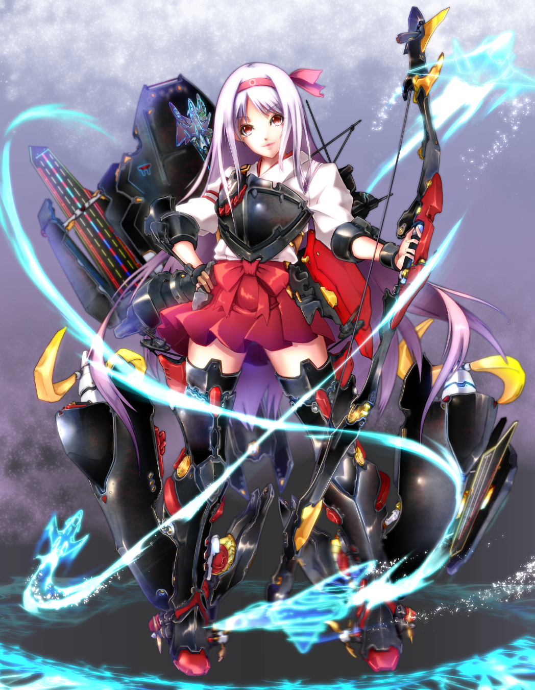 1girl airplane arrow big.g blush boots bow_(weapon) brown_eyes f-22 flight_deck hairband highres japanese_clothes jet kantai_collection lips long_hair muneate personification rafale shoukaku_(kantai_collection) silver_hair skirt smile solo thigh_boots thighhighs weapon