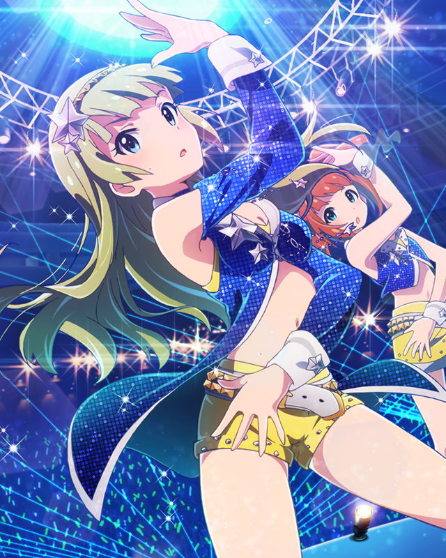 2girls :o artist_request bare_shoulders belt blush breasts brown_hair cleavage green_hair hairband idolmaster idolmaster_million_live! long_hair looking_at_viewer midriff multiple_girls musical_note navel official_art pose shimabara_elena short_shorts shorts stage_lights takatsuki_yayoi twintails wrist_cuffs