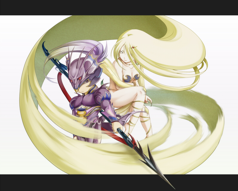 1boy 1girl absurdly_long_hair armor b-saku barbariccia bikini blonde_hair breasts cain_highwind cleavage final_fantasy final_fantasy_iv floating helmet jewelry letterboxed loincloth long_hair looking_at_another necklace polearm sitting spear standing swimsuit very_long_hair violet_eyes weapon white_eyes