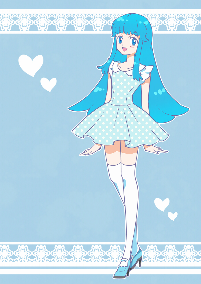 1girl blue_dress blue_eyes blue_hair blush cure_princess dress eyelashes fashion happinesscharge_precure! happy heart high_heels kagami_chihiro long_hair looking_at_viewer open_mouth polka_dot polka_dot_dress precure shoes smile solo standing thighhighs thighs white_legwear