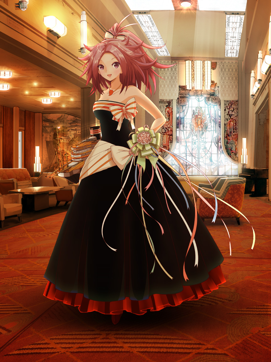 1girl alternate_costume bare_shoulders bow dress flower hair_bow indoors jewelry jun'you_(kantai_collection) kantai_collection long_hair magatama necklace open_mouth personification purple_hair ribbon ship spiky_hair stained_glass tagme violet_eyes window zema