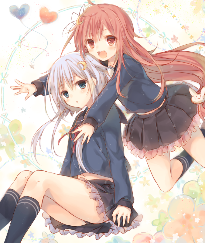 2girls black_legwear blue_eyes blush crescent_hair_ornament hair_ornament heart hug hug_from_behind kantai_collection kasu_(return) long_hair looking_at_viewer multiple_girls open_mouth outstretched_arms purple_hair red_eyes redhead school_uniform skirt uzuki_(kantai_collection) yayoi_(kantai_collection)