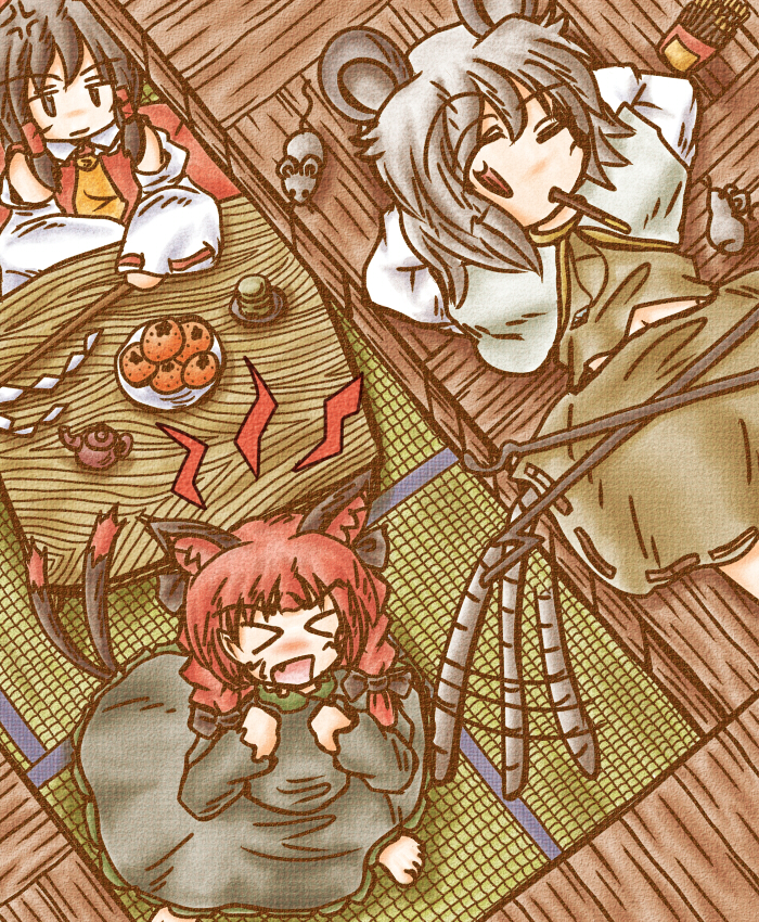 &gt;_&lt; 3girls anger_vein animal_ears arms_behind_head barefoot black_hair bow braid brown_eyes capelet cat_ears cat_tail clenched_hands cup detached_sleeves dowsing_rod dress expressionless fang food food_in_mouth from_above fruit gohei grey_hair hair_bow hair_tubes hakurei_reimu kaenbyou_rin kotatsu long_sleeves lying mandarin_orange mouse mouse_ears mouse_tail multiple_girls multiple_tails nazrin on_back open_mouth plate pocky red_eyes redhead saucer short_hair side_glance skirt skirt_set table tail tail_wagging tatami teapot touhou twin_braids under_kotatsu under_table wink ys_(ytoskyoku-57)